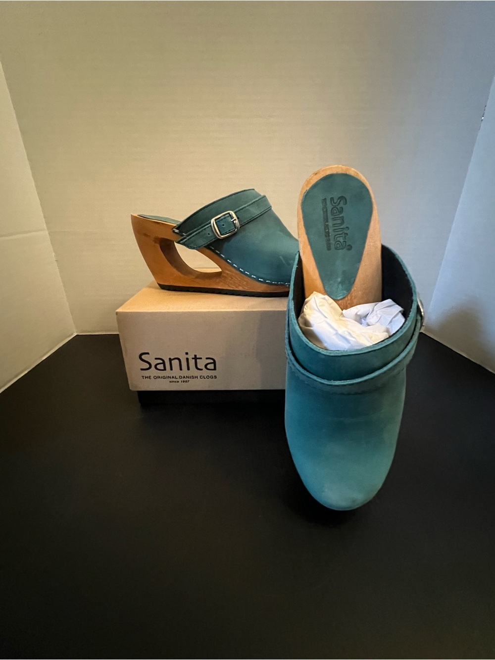 Sanita Teal Nubuck Clog Mules with Buckle and Wooden Heel